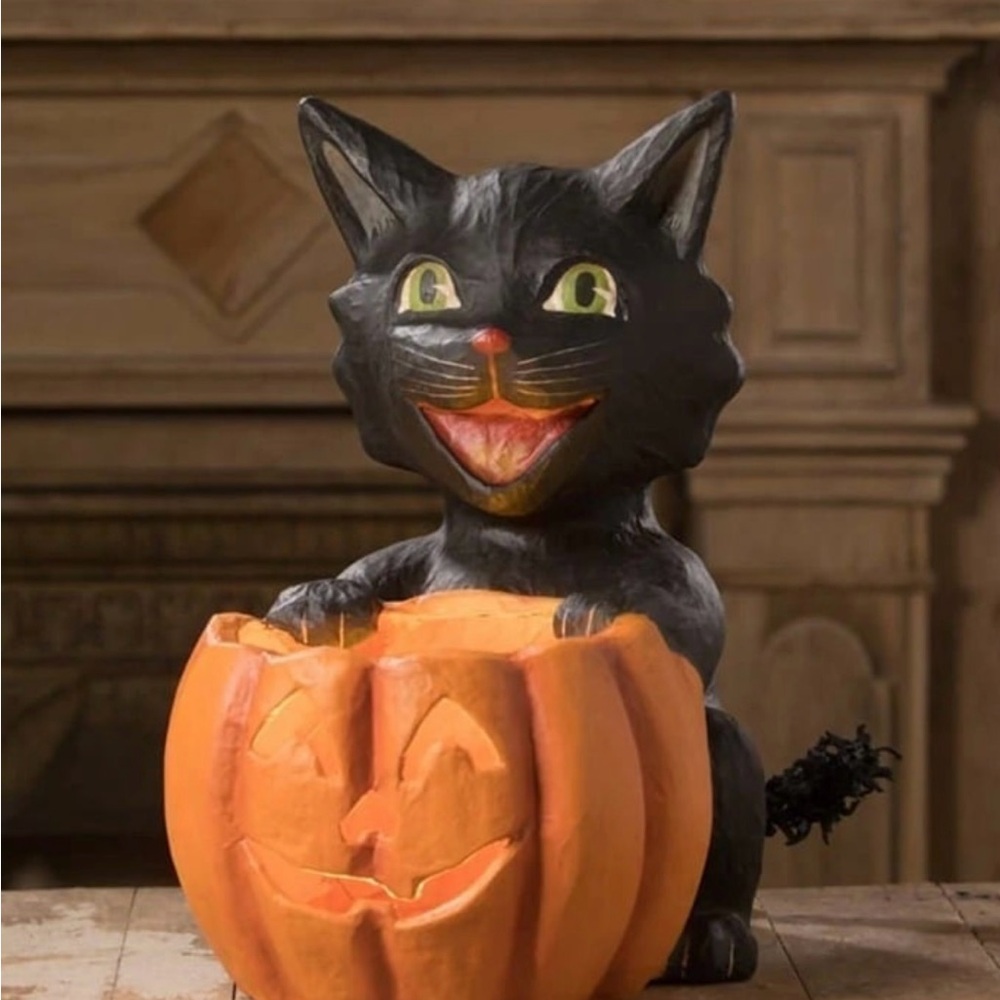 Bethany Lowe Cat's Got Your Pumpkin Halloween Black Cat Jack O' Lantern Luminary